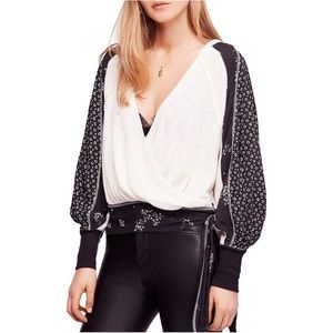 Free People mock wrap thermal top black white floral